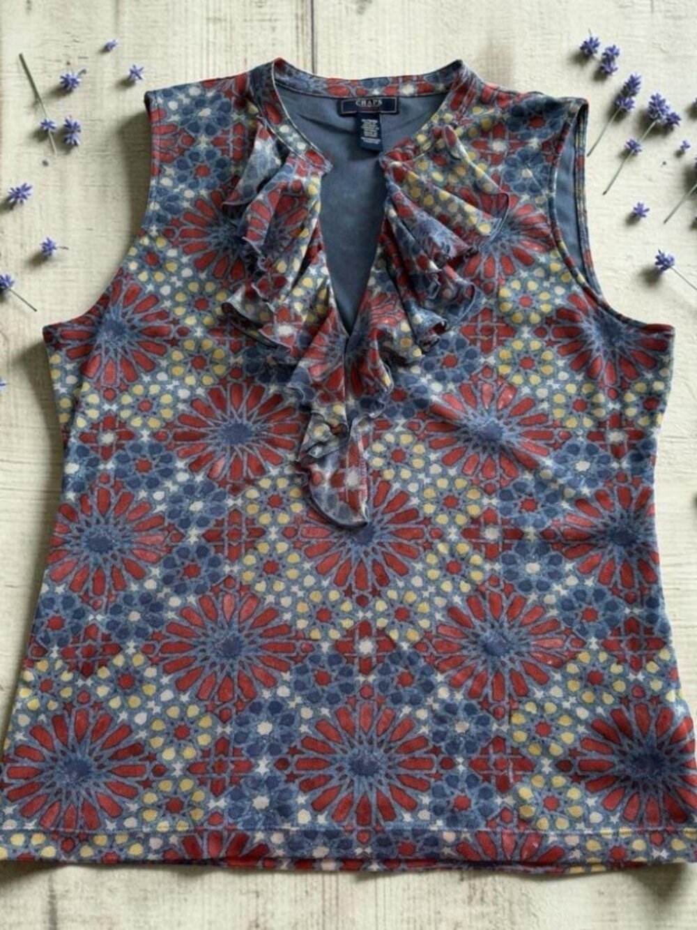 Chaps Denim Womens XL Tank Top Ruffle V Neck Lined Mesh‎ Geometric